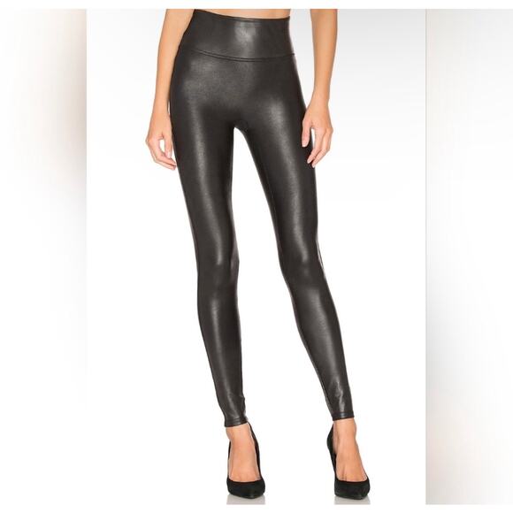 Spanx Faux Leather Black Leggings Pants Womens Size Small Mid Rise 2437 - Picture 1 of 10
